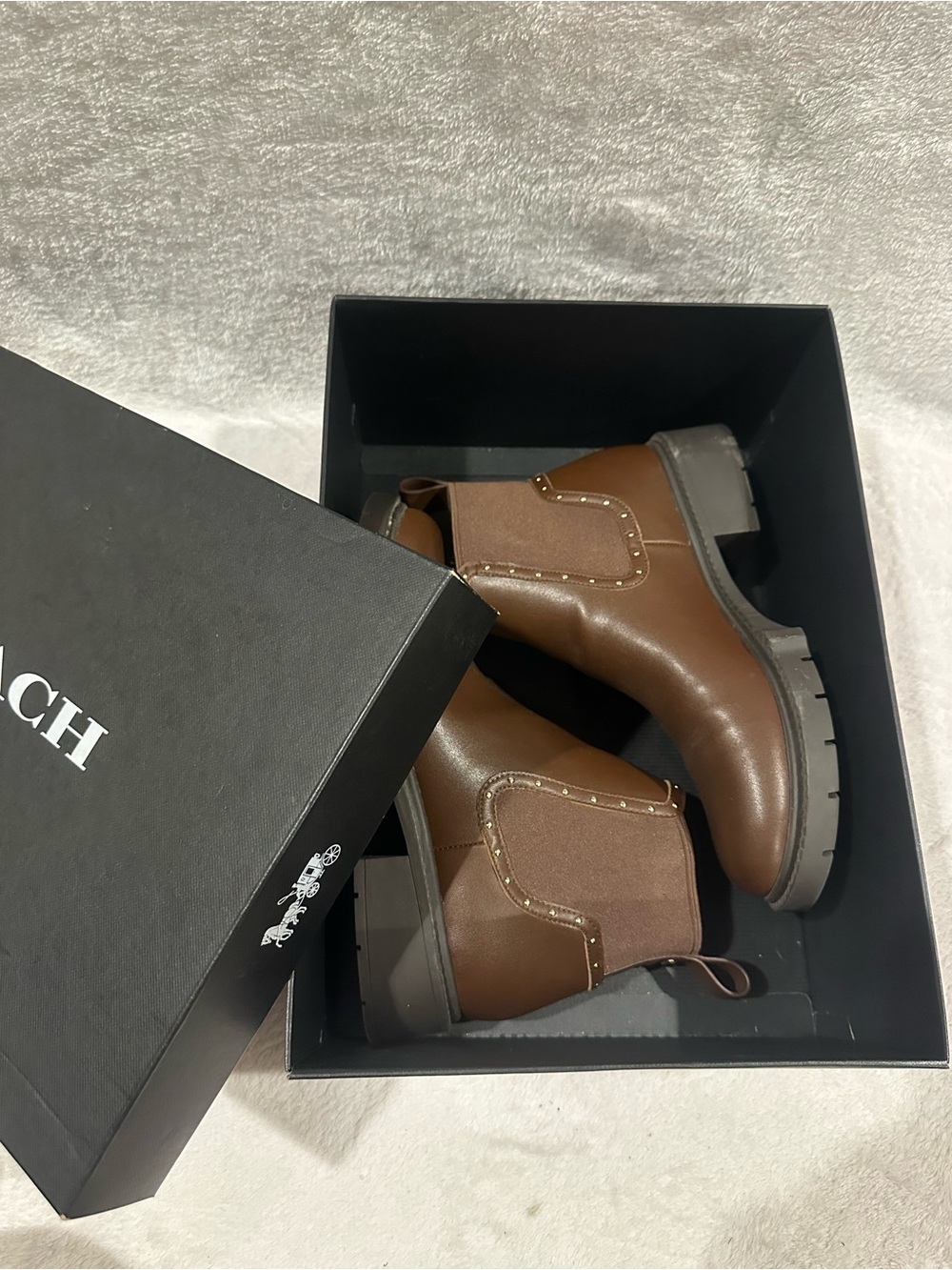 Coach Brown Leather & Fabric Heeled Ankle Boots with Gold Accents - Picture 6 of 7